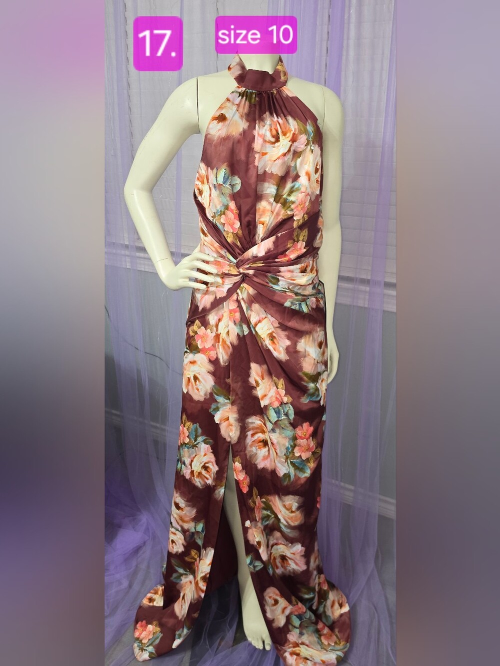Adrianna Papell Mauve Pink Floral Halter Twist-Front Maxi Dress